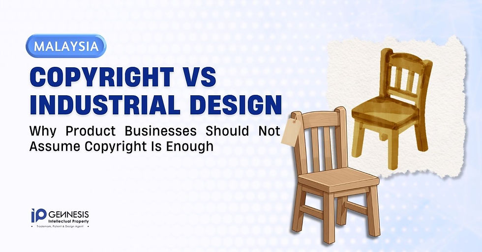Malaysia poster titled Copyright vs Industrial Design, showing a wooden chair beside a sketch chair and the Genesish IP logo