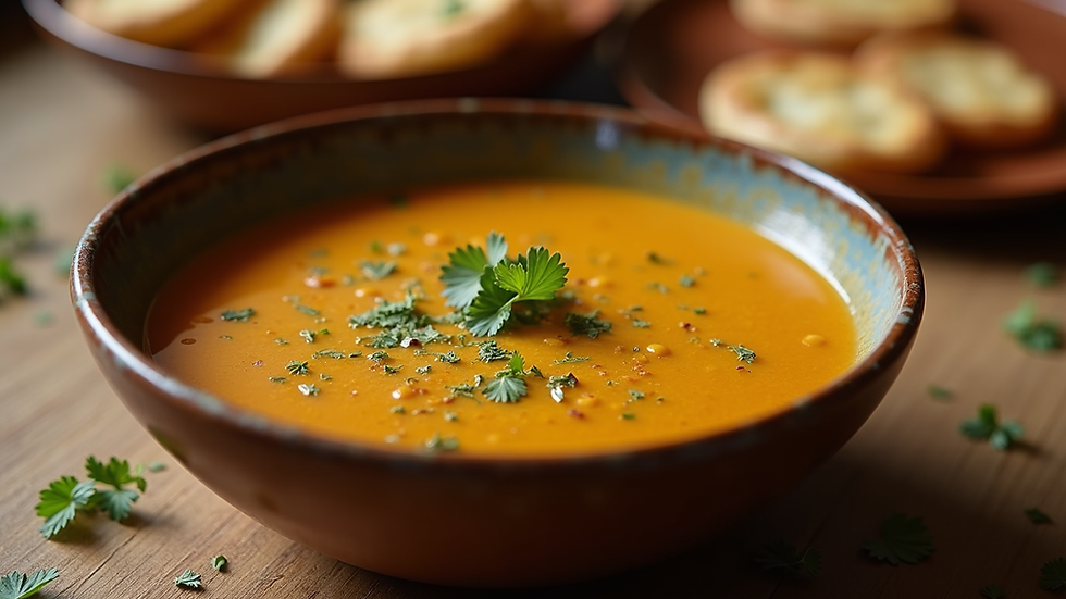 Eye-level view of a bowl of dal tadka with a side of naan bread