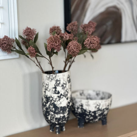 Faux Skimmia japonica stem arrangement in hand-glazed splatter ceramic vase in home office — residential interior by Lee Tong Co. Irvine
