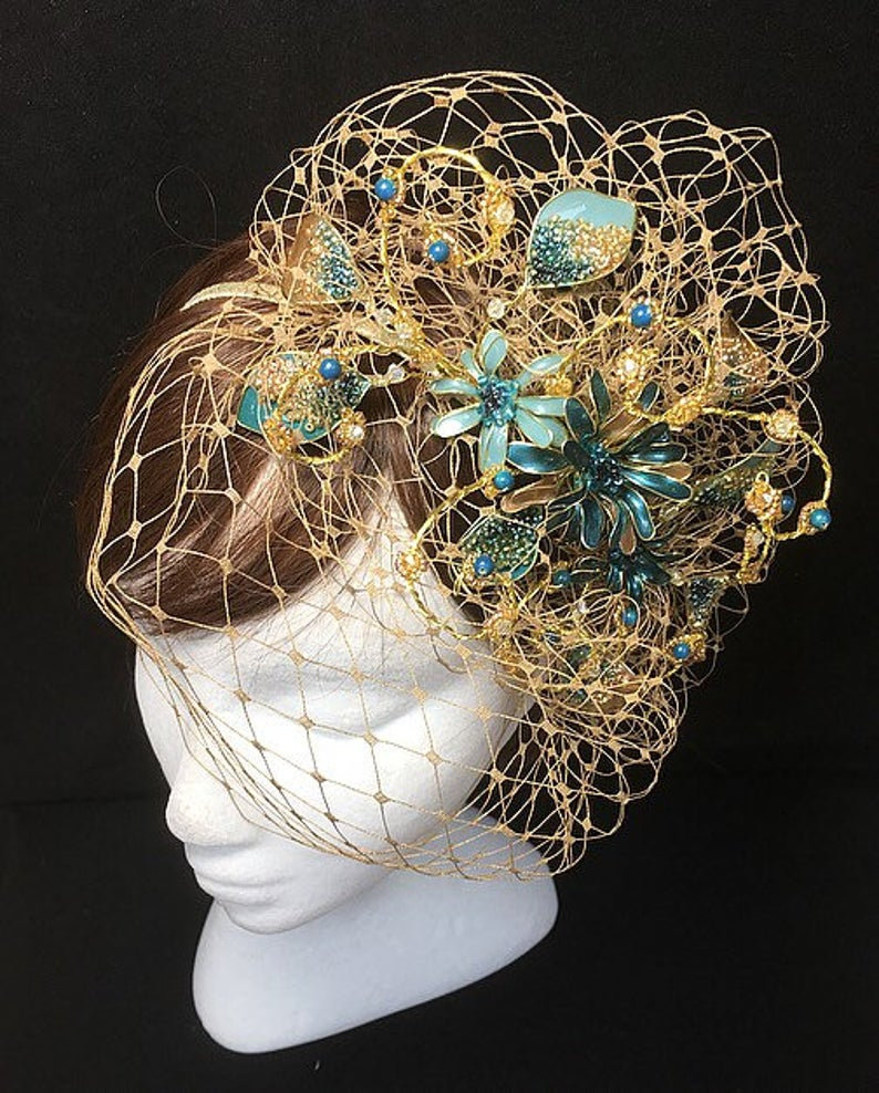 Gold and teal fascinator 66 
