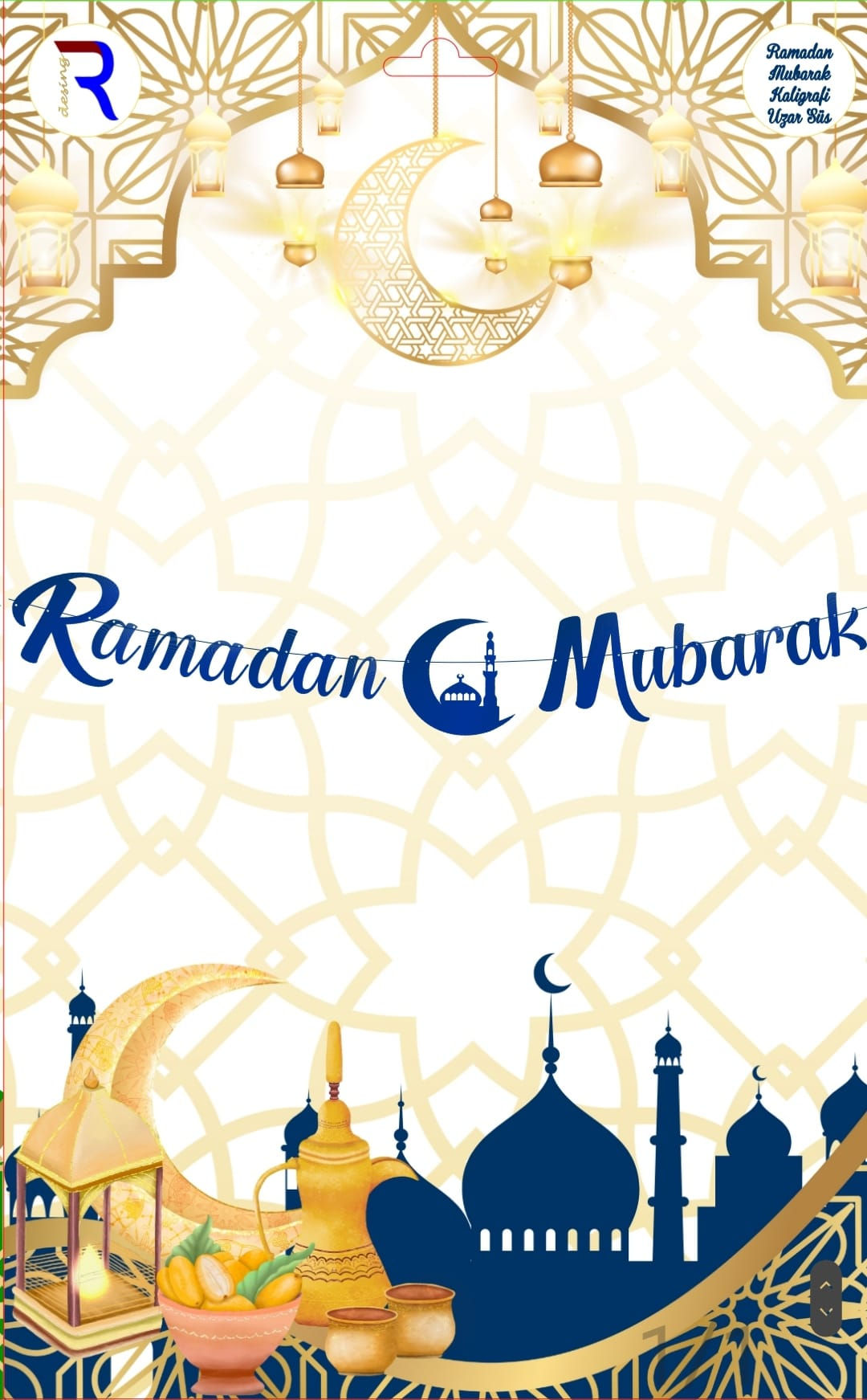 Ramadan Mubarak Kaligrafi Uzar Süs Banner Mavi