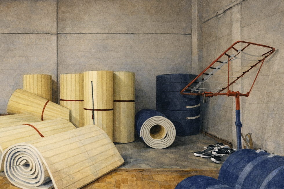 Color sketch of the gym mat storage area at Lowndes High School with rolled wrestling mats and gym equipment
