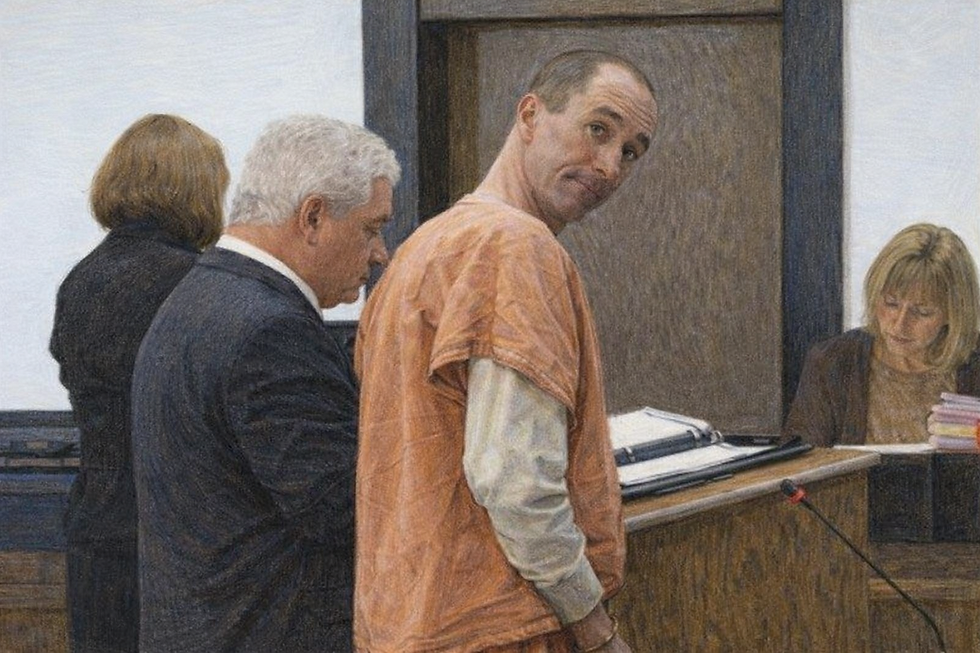 Realistic courtroom sketch showing Clay Waller standing in court during legal proceedings related to the 2011 Jacque Waller murder case.