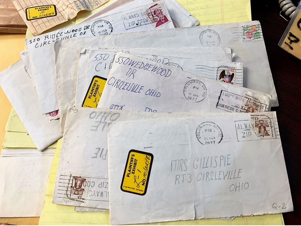 Stack of anonymous Circleville letter envelopes addressed to Mary Gillespie and others, documented as law enforcement evidence.