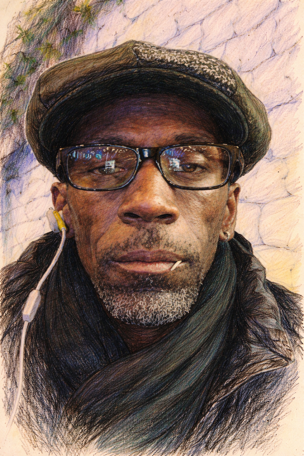 Color sketch portrait of Basil Gray wearing glasses, a flat cap, and earbuds.