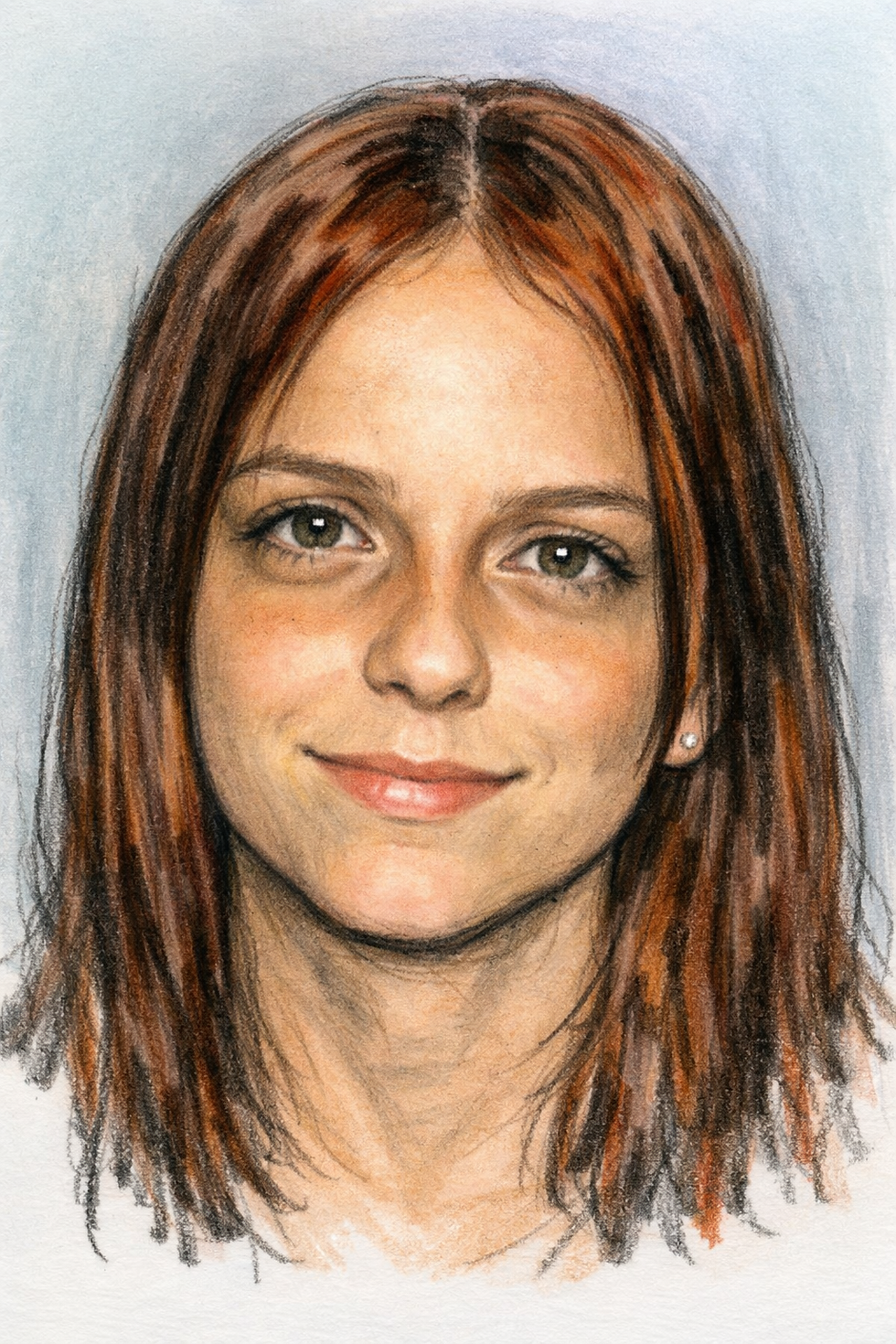 Color sketch portrait of Colleen Perris with reddish-brown hair, created from a missing person reference photo.