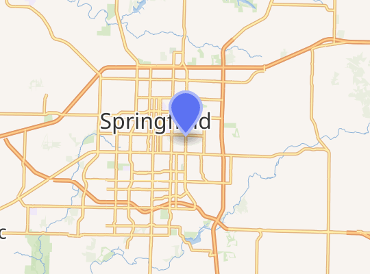 Map of Springfield, Missouri with a location marker highlighting the area where the Springfield Three disappearance occurred.
