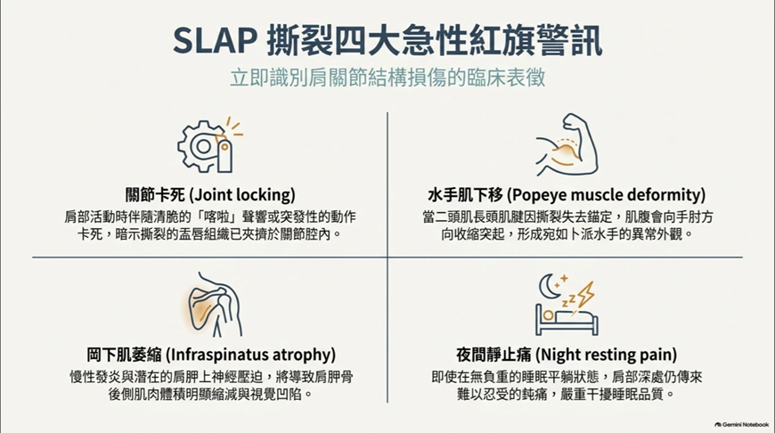 SLAP 撕裂四大急性紅旗警訊 出現關節卡死、二頭肌肌腹隆起下移、岡下肌萎縮或夜間靜止痛等紅旗症狀時,提示嚴重病變需及時轉診專科評估。