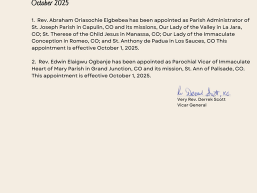 Here are all the new clergy assignments for the Diocese of Pueblo