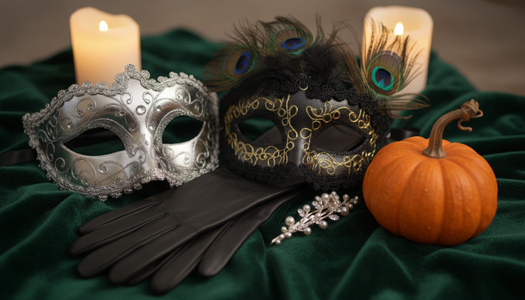 Close-up view of two masquerade masks and costume accessories on a bed.