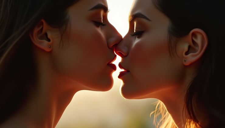 Close-up view of two lips about to meet in a tender kiss