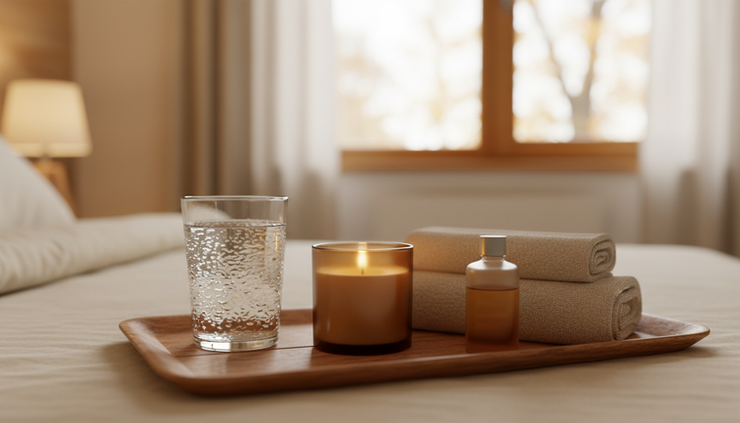 Close-up view of a bedside tray with water, a candle, and folded towels.