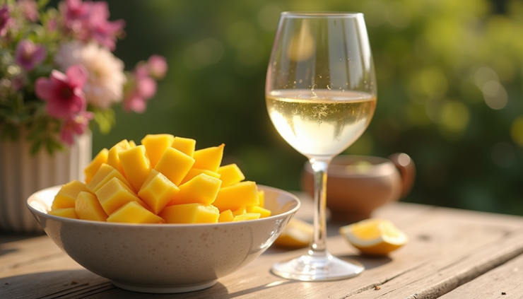 Close-up view of a bowl of fresh mango slices with a glass of chilled white wine