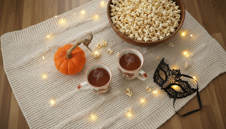 Overhead view of cozy Halloween movie night items on a blanket.