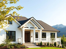 new home, craftsmen style, elegant, white an with mountains in the background