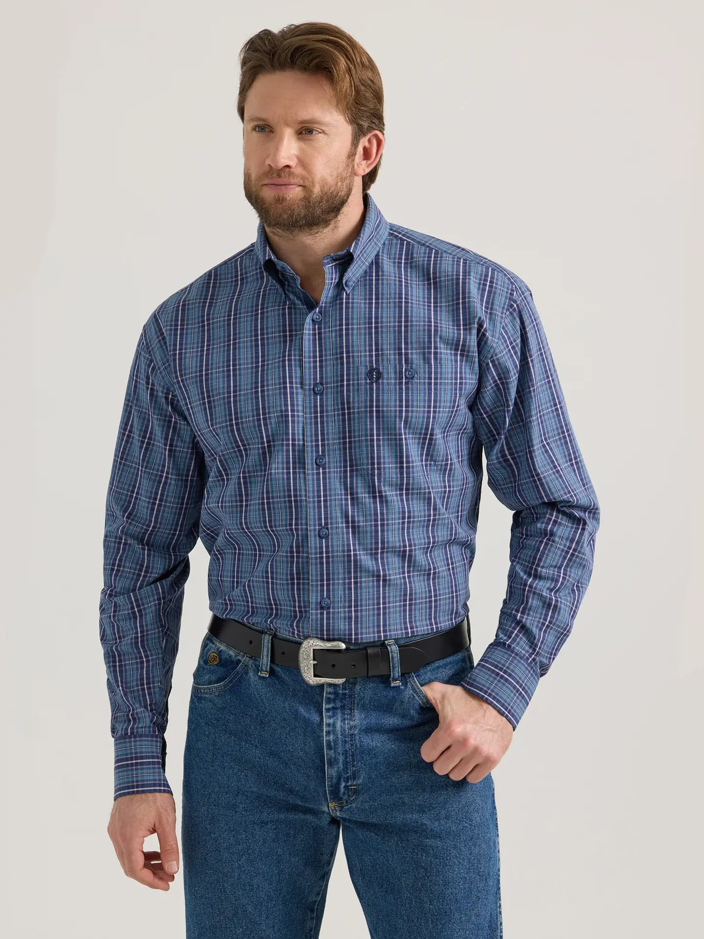 Wrangler Mens Navy Plaid Button George Strait L/S 112352727