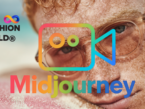 A banner showing a male model's face on a sandy beach with the words Midjourney and a video symbol, plus The Fashion Guild logo and wordmark