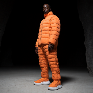 Black Male in Orange Padded Jacket and Pants Tha Fashion Guild