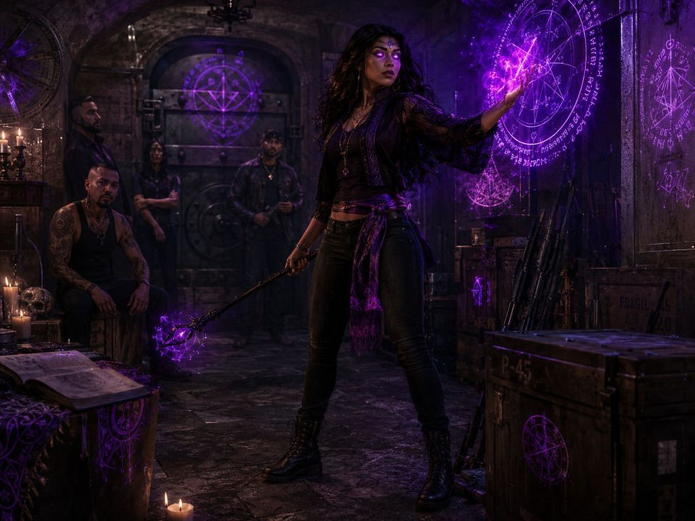 Bruja Purpura as a teen practicing spells/wards