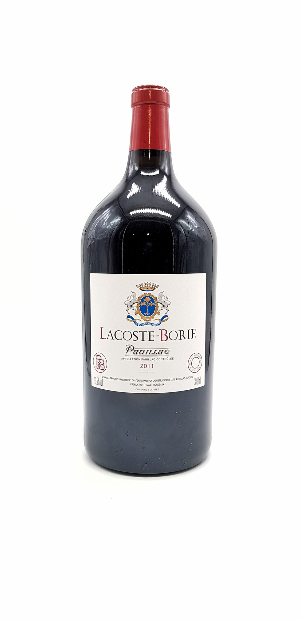 Bouteille en format 3 litres de vin rouge de Lacoste Borie 2011 en appellation Pauillac.