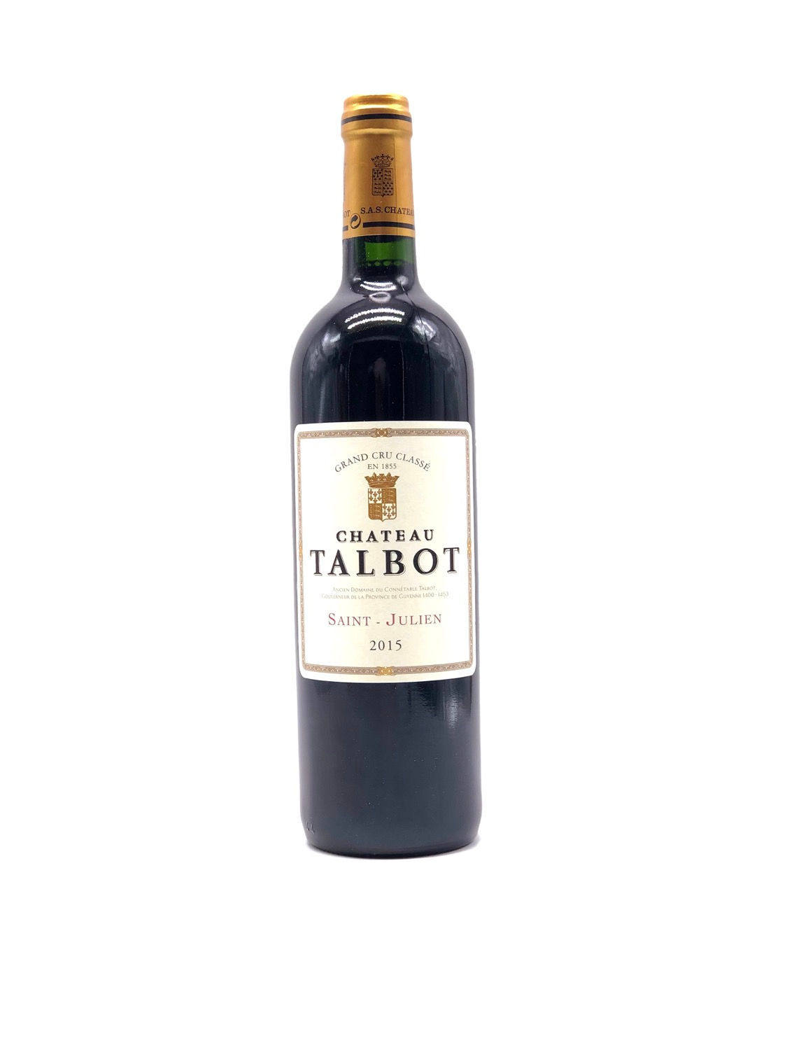 Bouteille de vin rouge du Château Talbot 2015 en appellation Saint-Julien.
