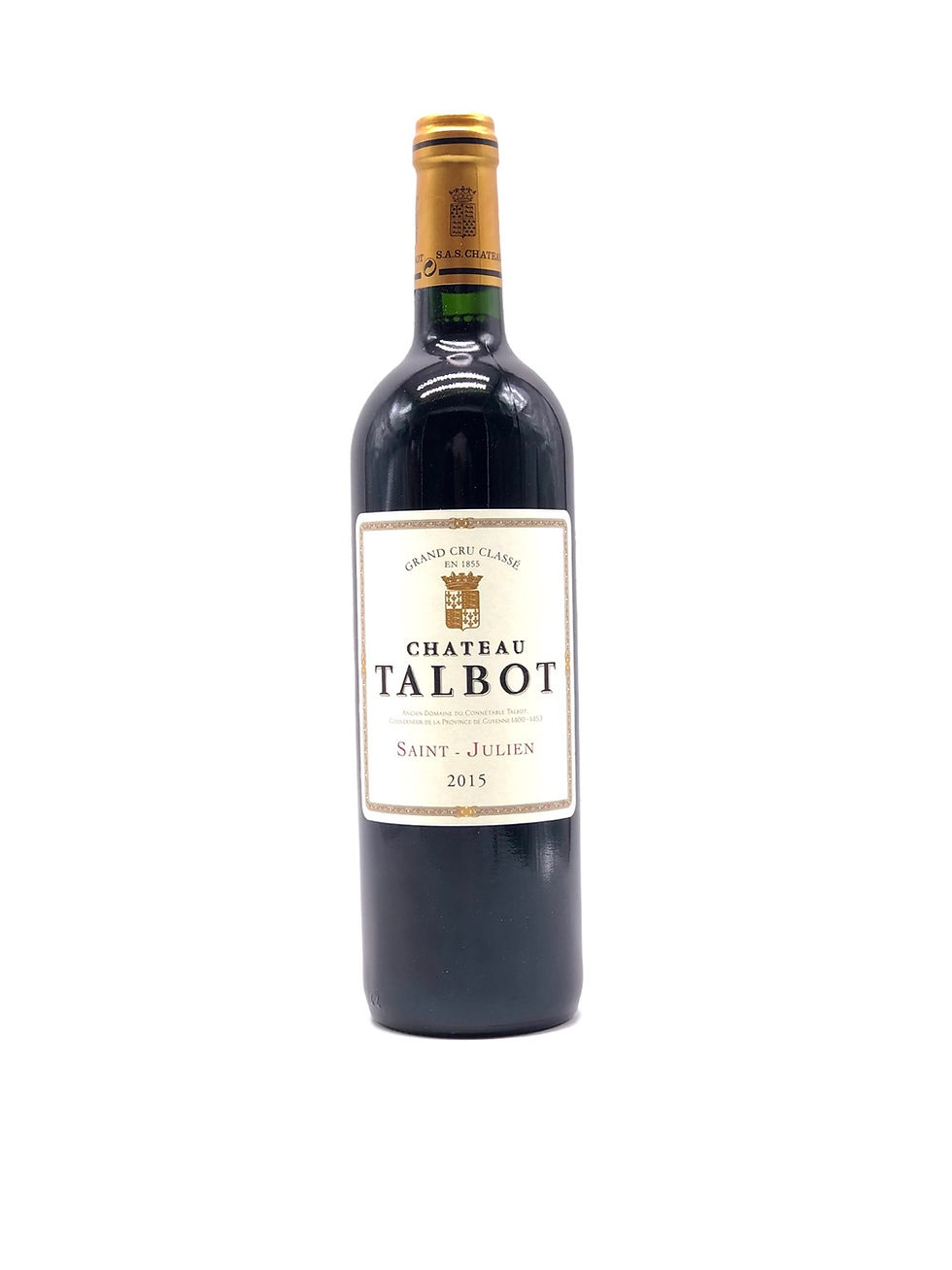 Bouteille de vin rouge du Château Talbot 2015 en appellation Saint-Julien.