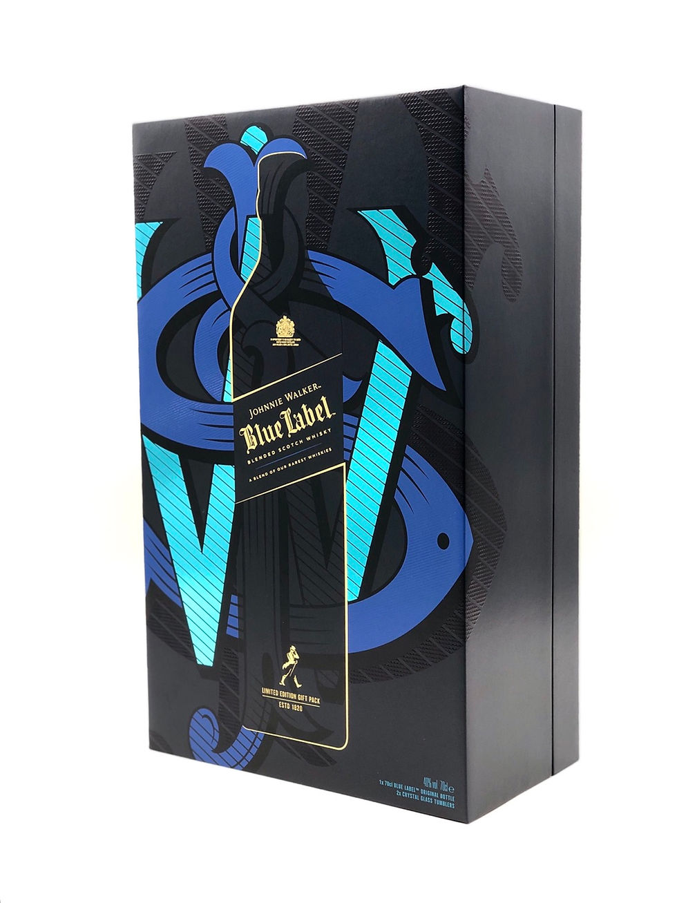 Miniature : Coffret fermé avec à l'intérieur deux verres en cristal et une bouteille de  whisky écossais Johnnie Walker Blue Label.