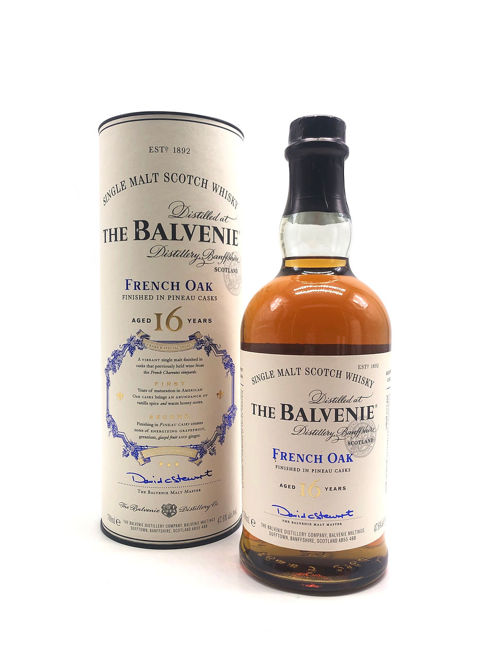 Bouteille de whisky écossais The Balvenie 16 ans French Oak avec son étui en tube.