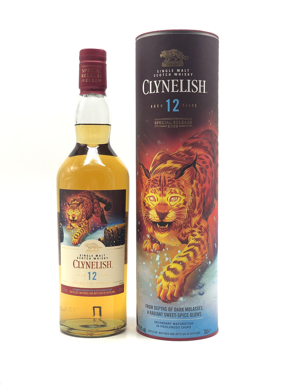 Bouteille de whisky écossais de la collection Special Release 2022 Clynelish 12 ans avec son étui en tube métal.