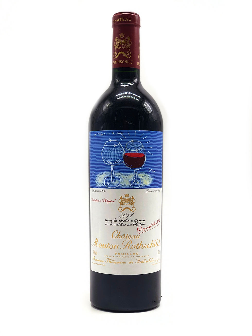 Bouteille de Château Mouton Rothschild 2014 en Pauillac avec une étiquette faite par l'artiste David Hockney.