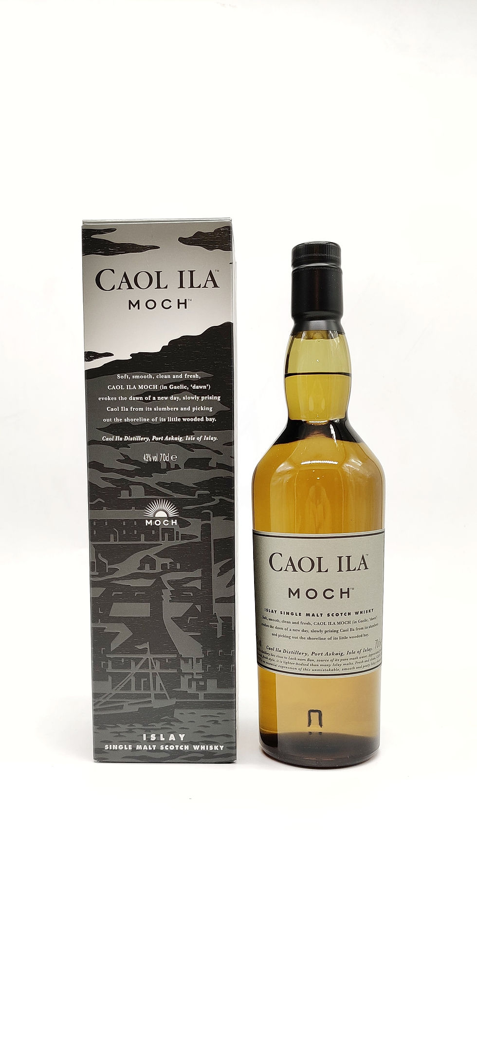 Bouteille de whisky écossais Caol Ila Moch avec son étui en carton.