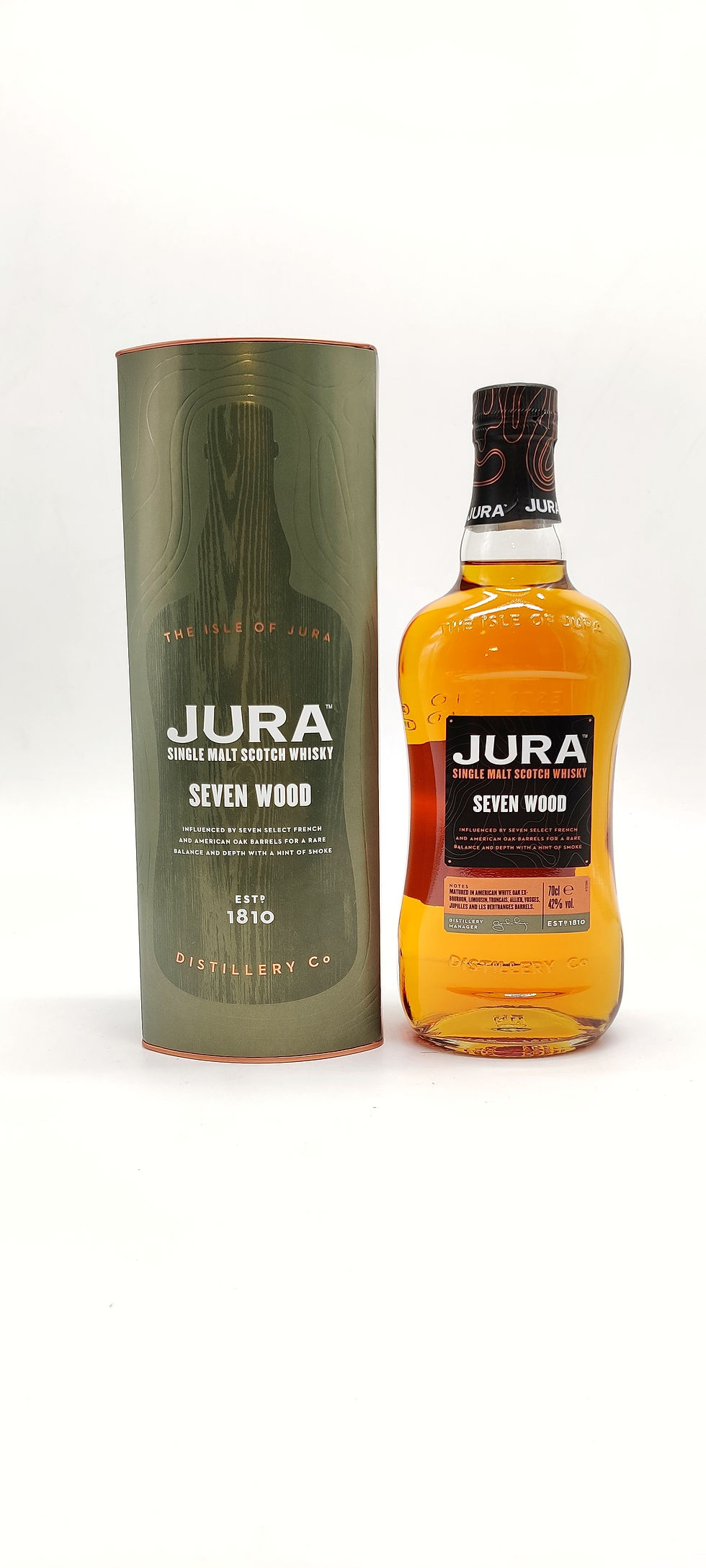 Bouteille de whisky écossais Jura Seven Woods avec son étui en tube.