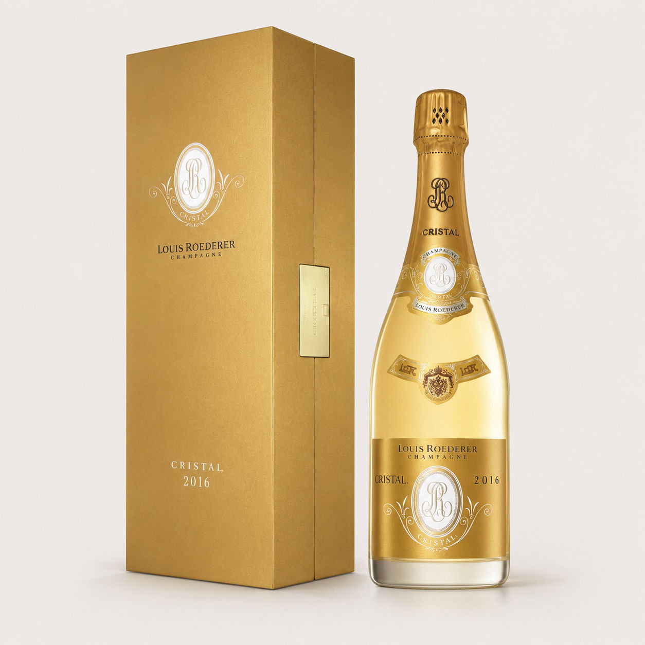 Bouteille de Champagne Louis Roederer Cristal 2016 et son coffret doré