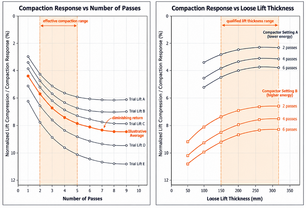 Figure 1. Conceptual trial-fill relationships for reworked lunar regolith. Compaction performance should be qualified through the interaction between lift thickness, compactive effort, and number of passes rather than by machine capability alone. The schematic illustrates two common field principles: the gain in compaction response typically reduces after several passes, and the effectiveness of compaction depends on the thickness of the placed lift. A lunar trial section would use the same logic to establish a qualified production range before full-scale earthworks.
