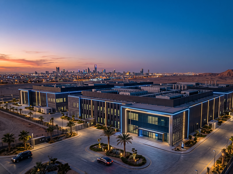 Alt Text
A photorealistic photograph at twilight of a state-of-the-art AWS data center in Saudi Arabia, featuring modern geometric architectural lighting, palm trees, and a desert cityscape horizon.