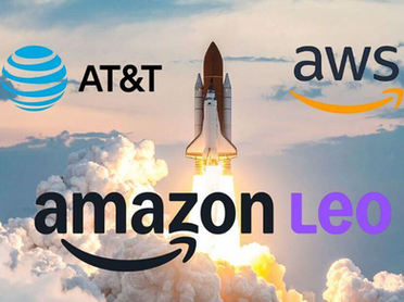 A split visual showing an AT&T fiber optic cable merging with a digital cloud icon and a satellite orbiting Earth, representing the three-pronged partnership with AWS and Amazon Leo.