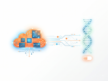 A minimalist vector illustration on a white background showing a glowing cloud server connected by data lines to a DNA helix, representing the partnership between cloud AI and biotech drug discovery.