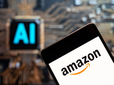 A split image showing the Amazon logo on a corporate building alongside a digital representation of artificial intelligence data streams, symbolizing the company's shift from workforce to AI investment.