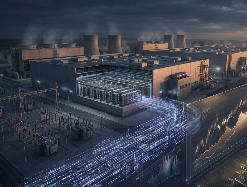 A sprawling, photorealistic industrial data center at dusk, featuring a cutaway wall that reveals glowing server racks inside. A bright, dynamic stream of blue illuminated data flows outward from the facility, transforming in the foreground into a glowing golden financial dashboard with upward-trending line charts and graphs, symbolizing massive AI infrastructure investment translating into financial returns.