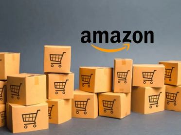 A financial graphic displaying Amazon's stock ticker (AMZN) with upward-pointing arrows and analyst rating badges, symbolizing the generally positive market sentiment.