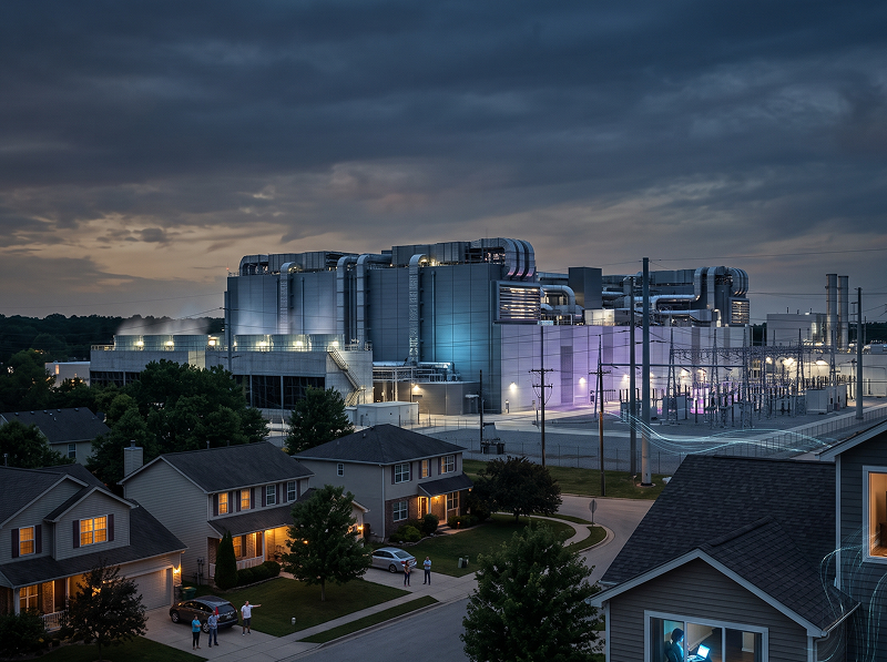 A cinematic, photorealistic image of a massive, illuminated hyperscale data center looming behind a suburban neighborhood at twilight. On the left side of the street, small groups of residents stand outside looking toward the industrial facility with concern. On the right, glowing streams of light connect the data center directly to nearby houses, where people are visible through lit windows comfortably watching TV and using laptops. The composition highlights the tension between everyday digital convenience and the imposing physical infrastructure required to power it.
