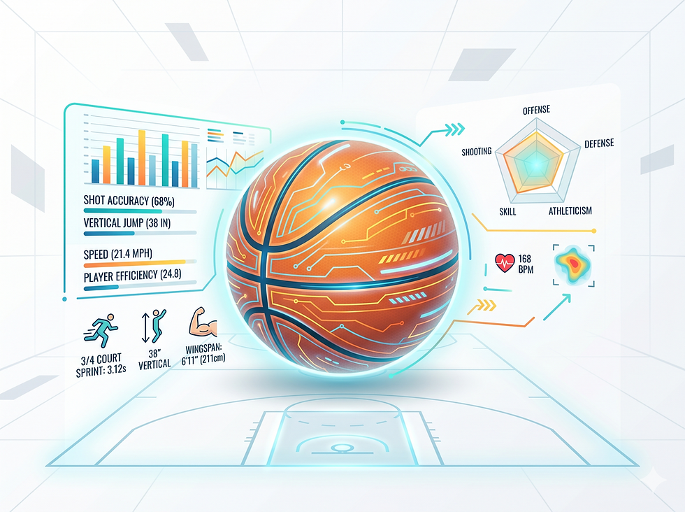 A bright, clean digital illustration on a white background showing a glowing basketball surrounded by floating digital metrics and data charts, representing the advanced analytics of the AWS NBA Draft Combine.