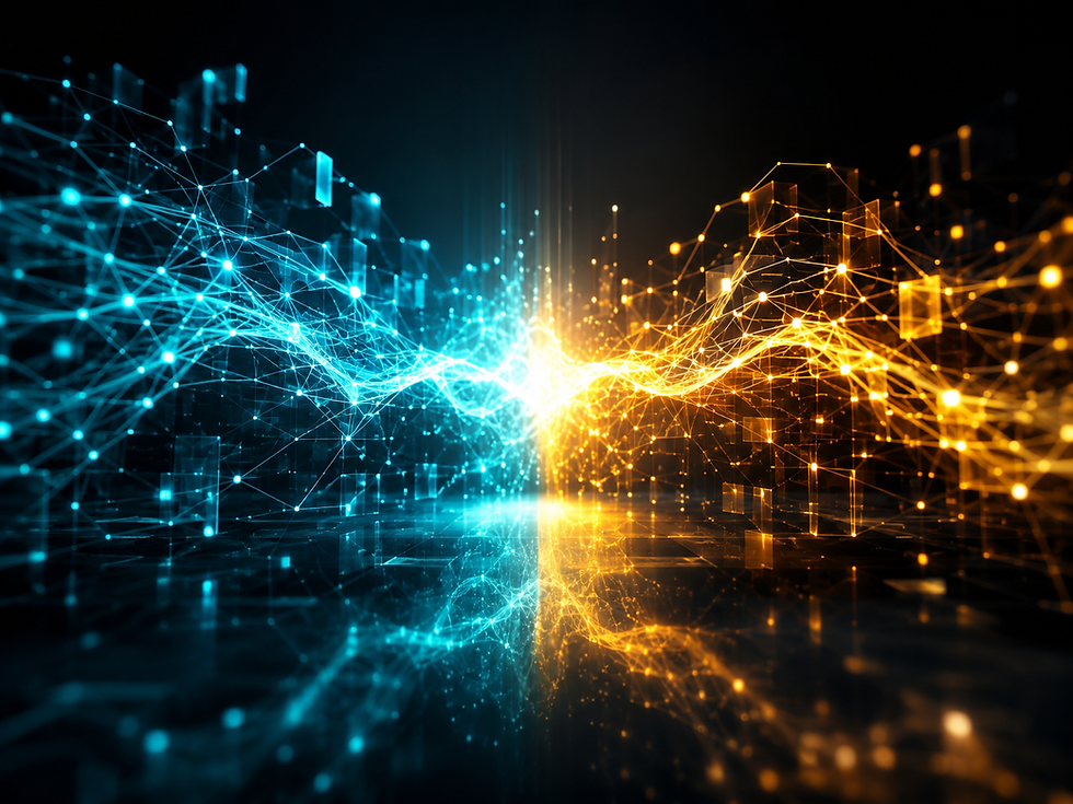 Abstract high-tech visualization of two glowing, colorful data streams merging on a dark reflective surface, symbolizing the integration of OpenAI's models into the AWS cloud environment.