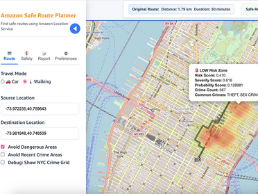 An architectural diagram illustrating the SafeRoute system, showing the flow of data between AWS services like Amazon API Gateway, AWS Lambda, and Amazon Location Service to calculate safe travel routes.