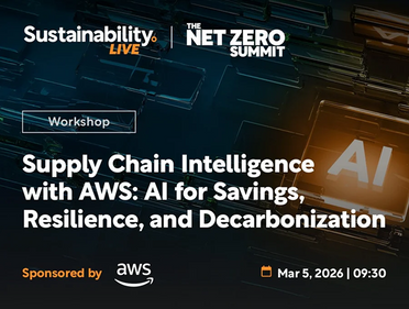 A graphic announcing the "Supply Chain Intelligence with AWS" workshop at the Net Zero Summit 2026, featuring the AWS logo and details about the March 5th event in London.