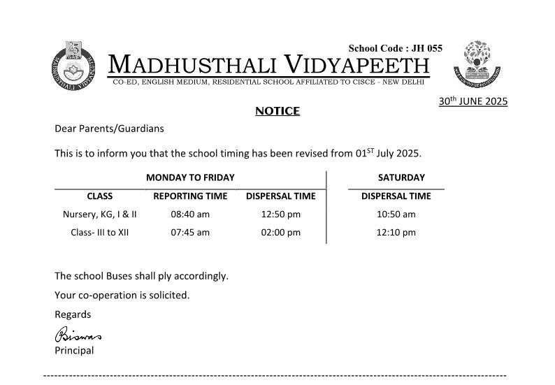 Revised School Timing
