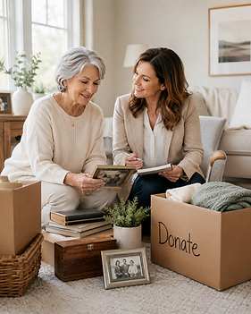 Professional helping elderly woman sort items for donation