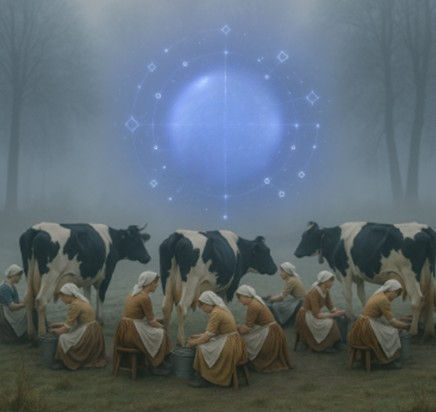 8 milk maids milking cows with a glowing digital symbol above them