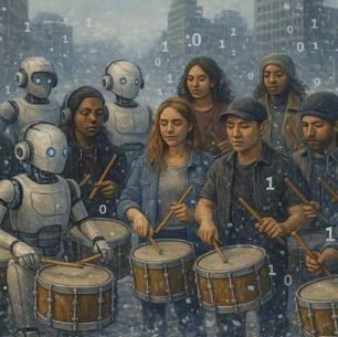12 people drumming in a snowy scene