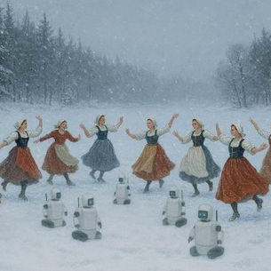 9 ladies dancing in the snow with robots